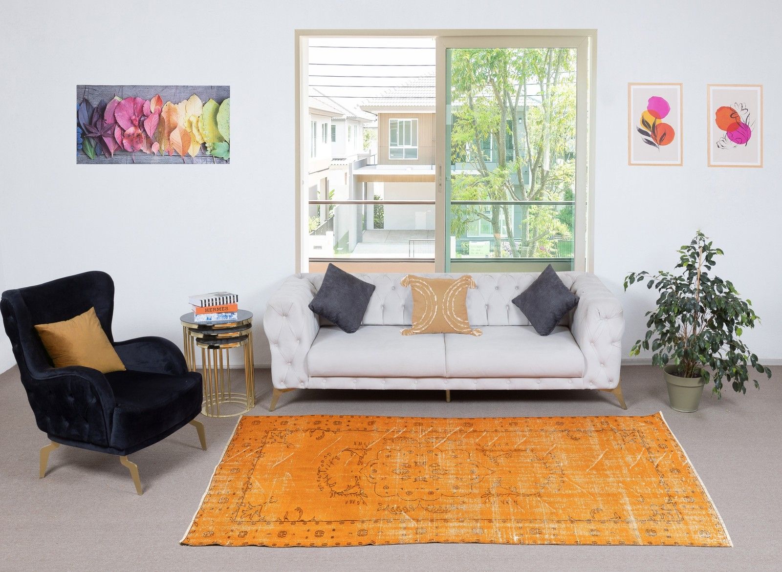 4.7x9 Ft Modern Orange Turkish Rug. Vintage Handmade Rug For Living Room photo furniture