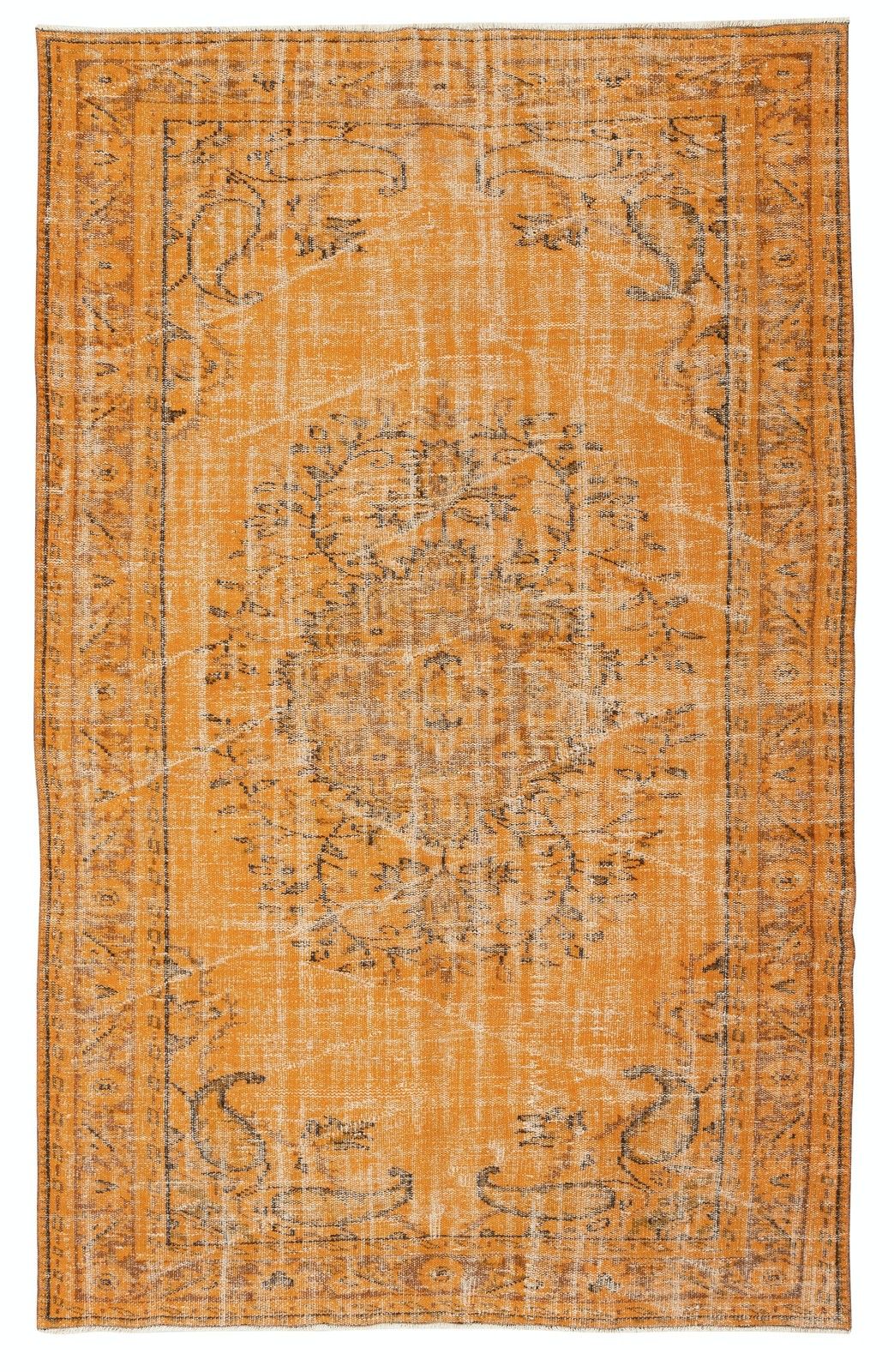5.3x8.4 Ft Vintage Handmade Turkish Rug Overdyed In Orange For Modern Interiors