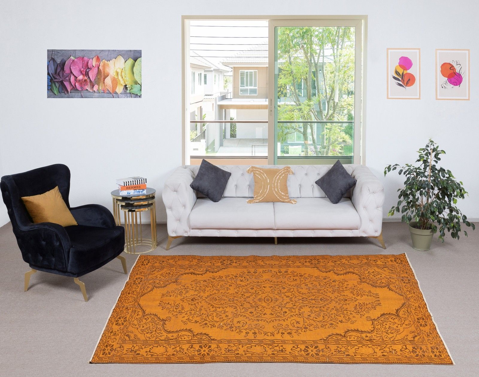 5.7x9 Ft Orange Redyed Vintage Rug For Modern Living Room. Handknotted In Turkey photo furniture