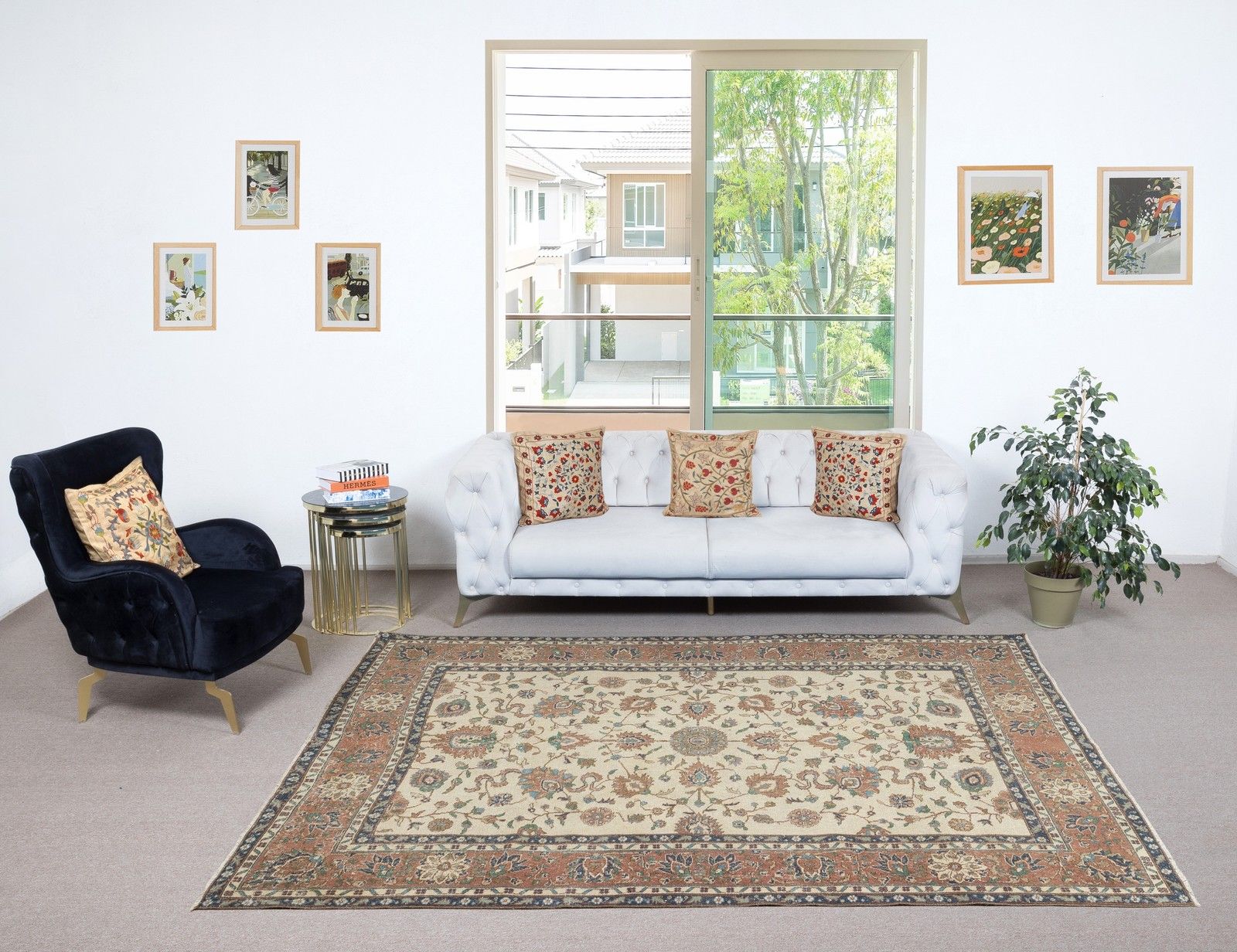 7.2x9.6 Ft Vintage Turkish Beige Rug With Floral Design. Hand Knotted In Turkey photo furniture