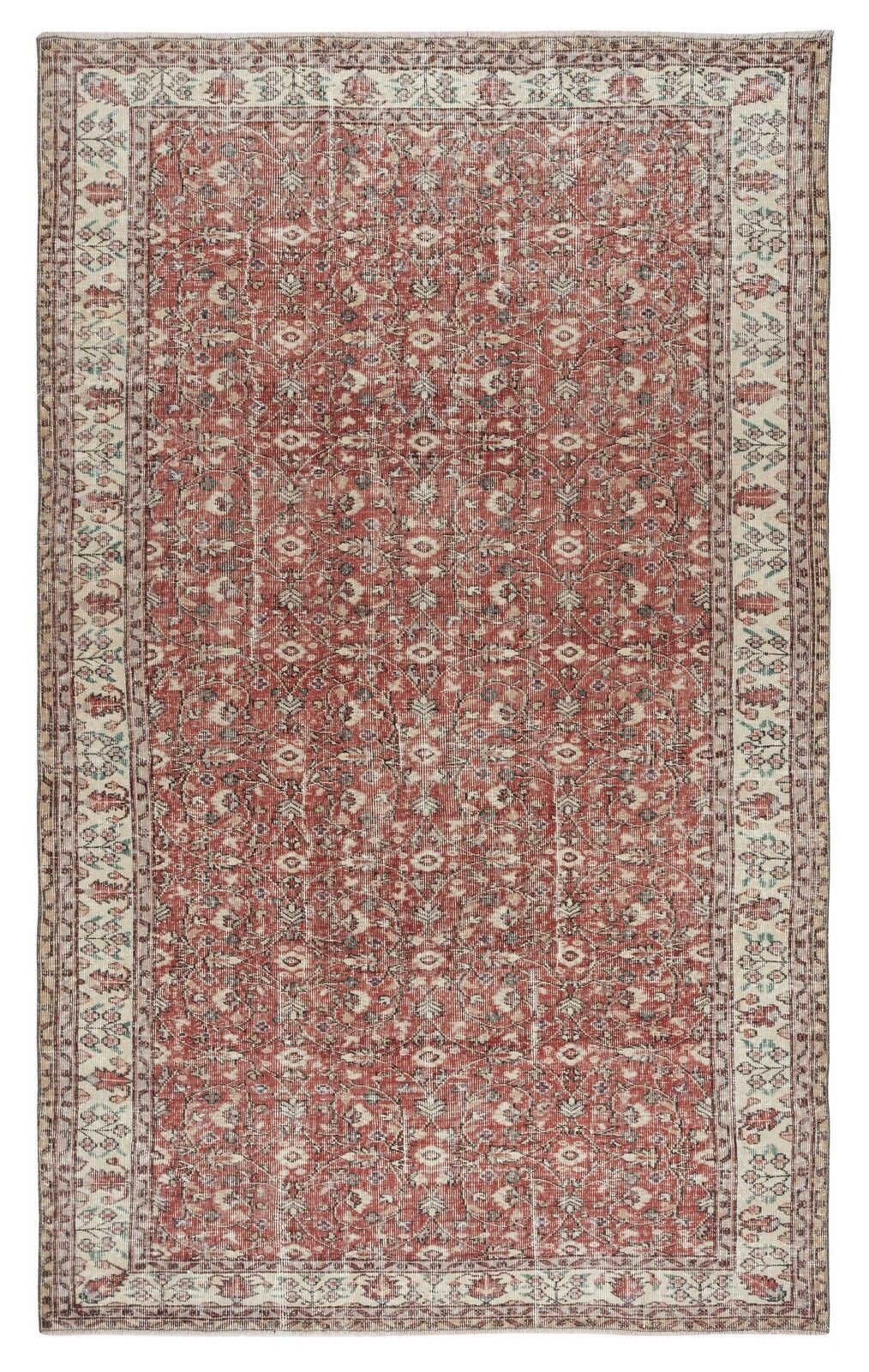 6.4x10.4 Ft Vintage Handmade Turkish Red Wool Area Rug With Floral Design