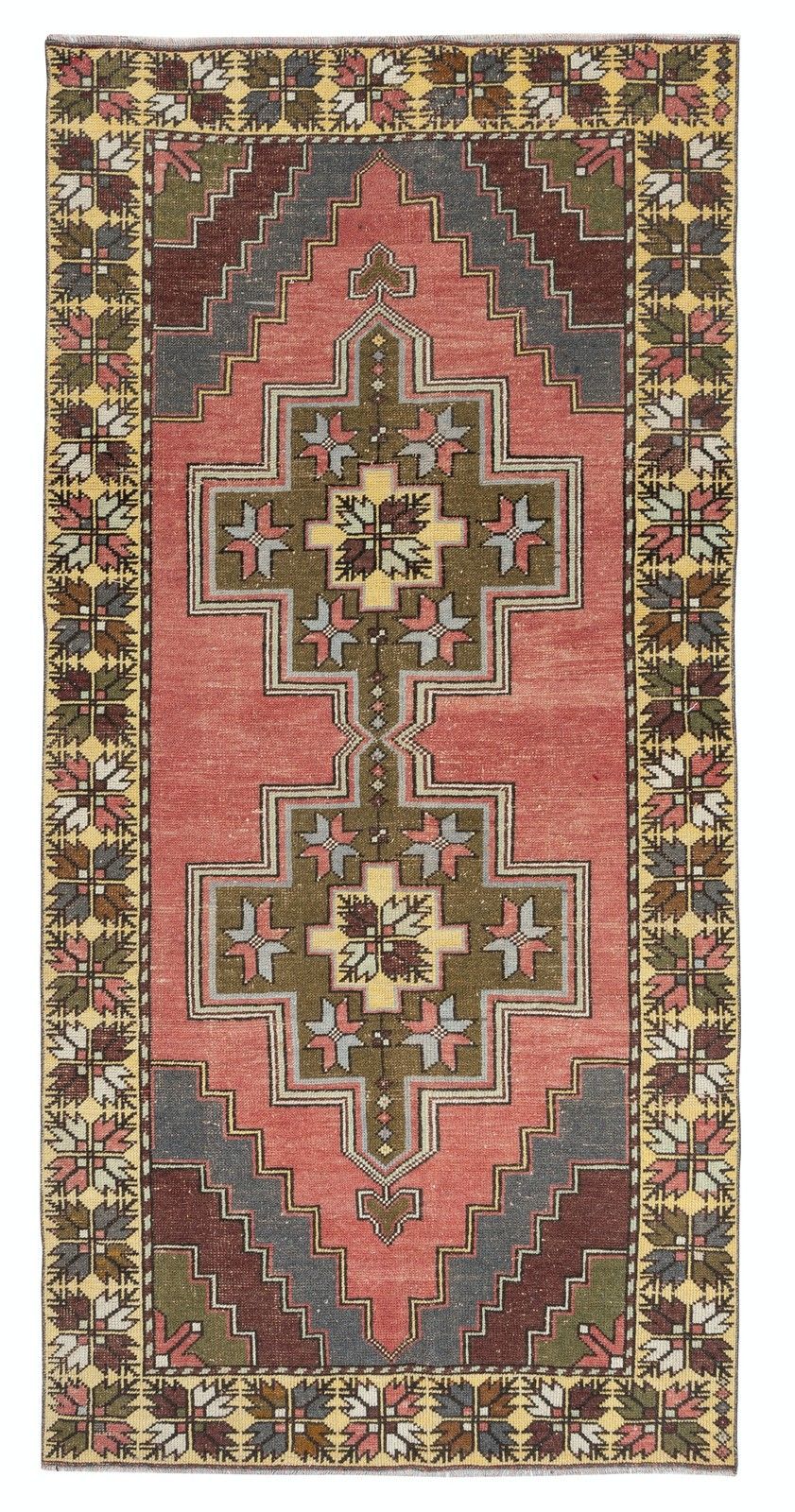 4.4x9 Ft One Of A Kind Vintage Oriental Rug With Tribal Motifs. 100% Wool