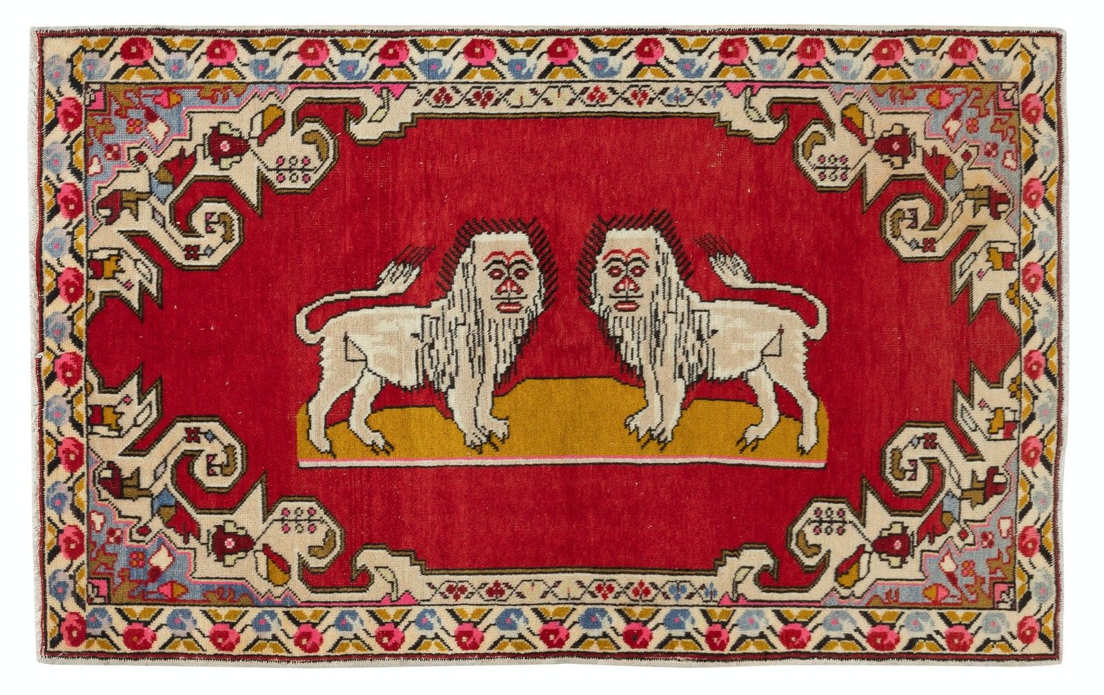 4.6x7.4 Ft Vintage Handmade Lion Pictorial Pattern Rug, Red Tapestry, 100% Wool
