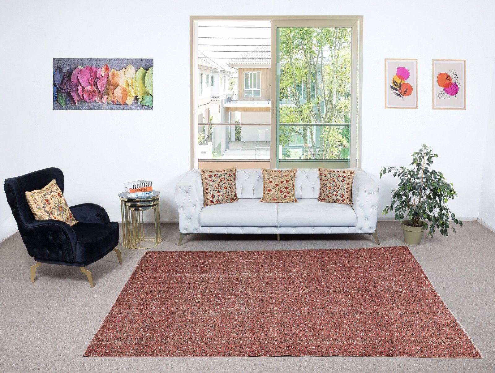 7x9.8 Ft Hand Knotted Vintage Turkish Red Wool Area Rug With Floral Design photo furniture