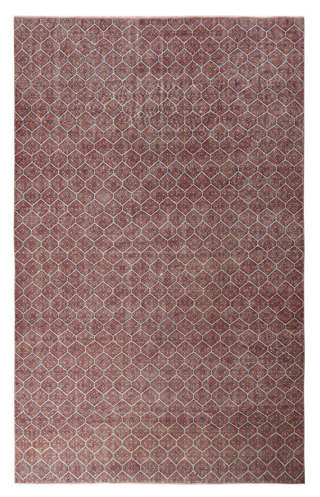 6.4x10.5 Ft Hand Knotted Vintage Turkish Red Wool Area Rug With Floral Design