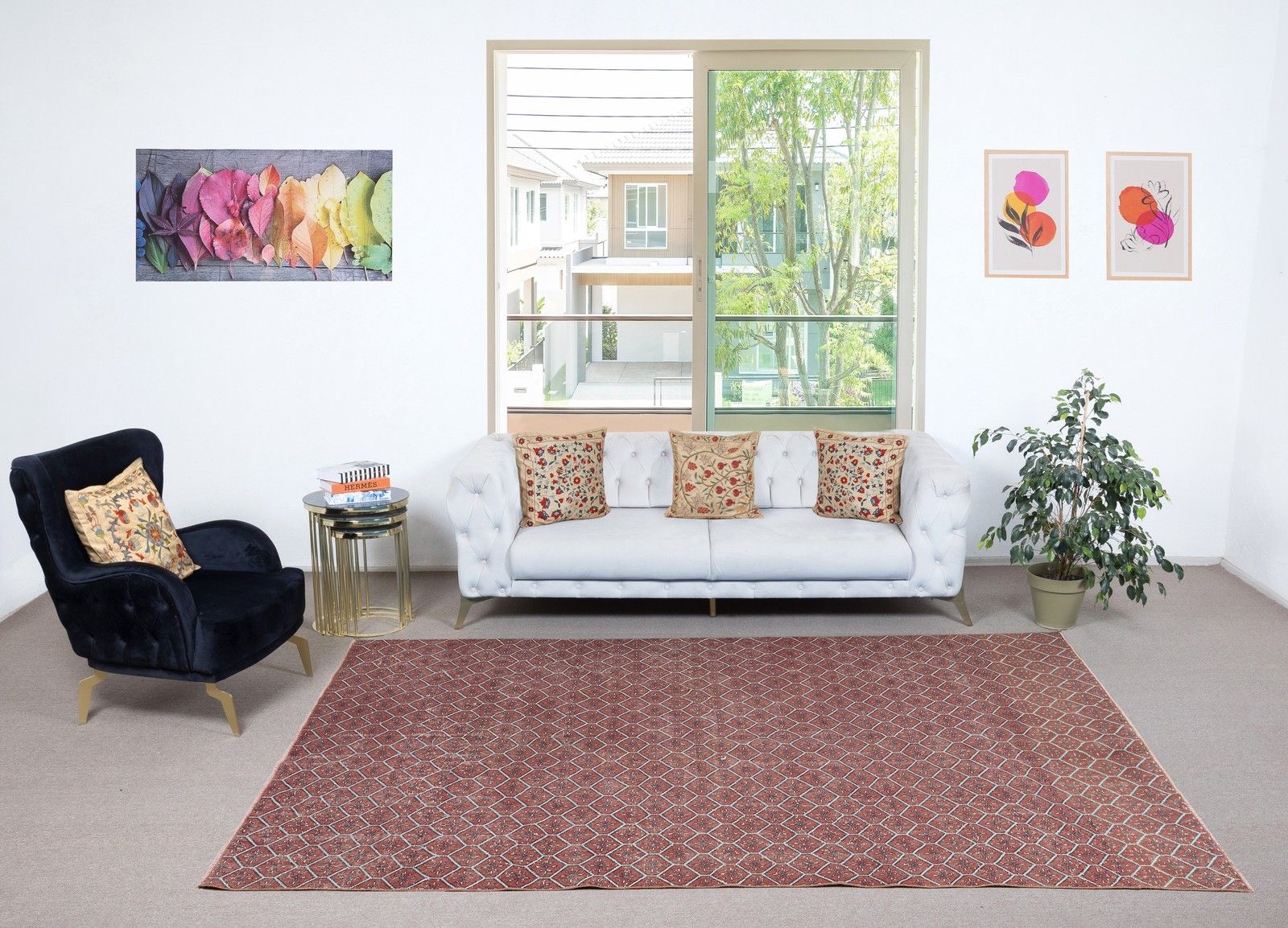 6.4x10.5 Ft Hand Knotted Vintage Turkish Red Wool Area Rug With Floral Design photo furniture