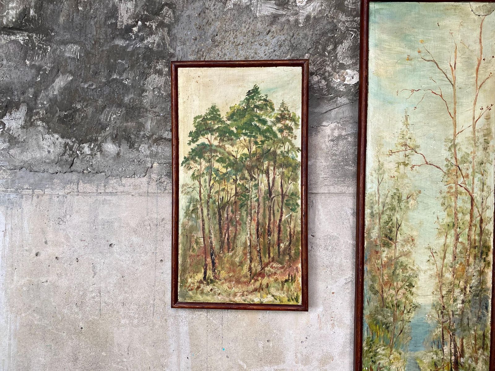 Pair Antique Woodland Forest Tree Oil Paintings On Board photo for sale
