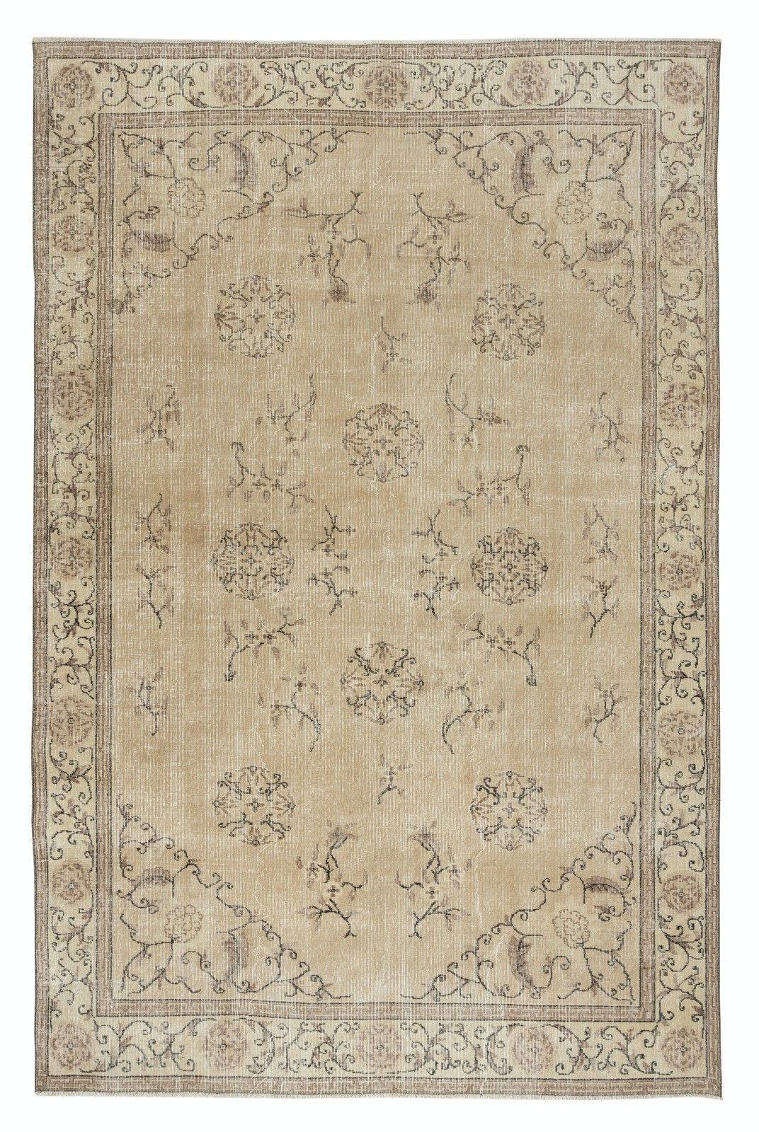 6.6x10 Ft Vintage Turkish Beige Rug. Hand Knotted Carpet With Chinese Art Deco