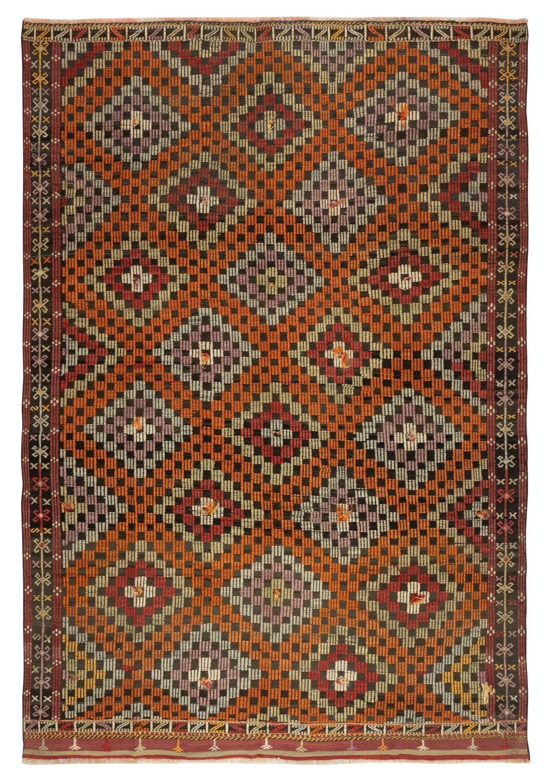 6.5x9.3 Ft Vintage Diamond Design Jijim Kilim. Flat Weave Jajim Rug. 100% Wool