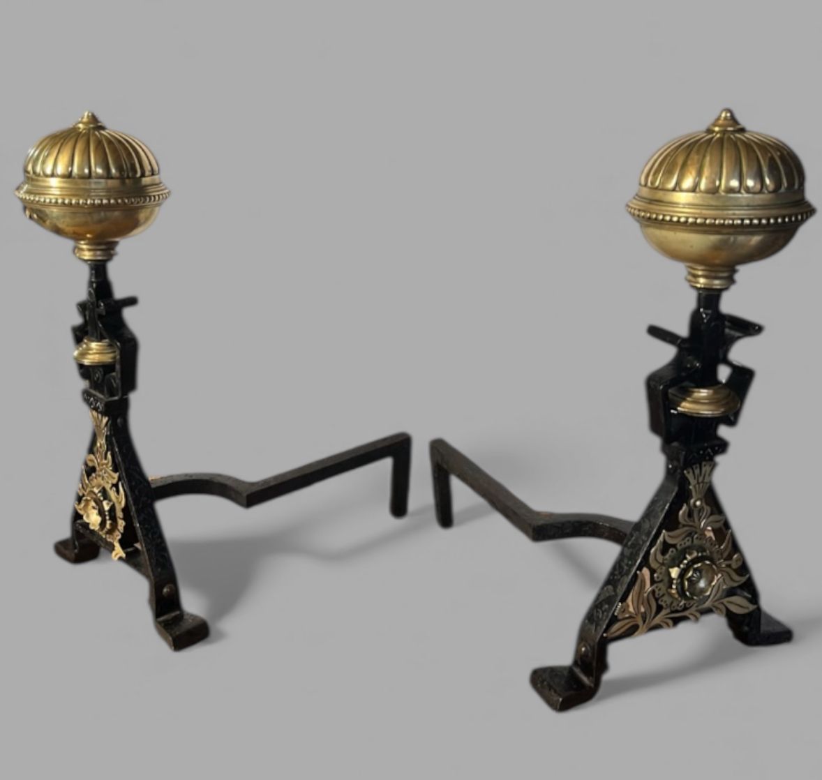 Large Pair Of Victorian Cast Iron & Brass Fire Dogs / Andirons, C.1880–1900