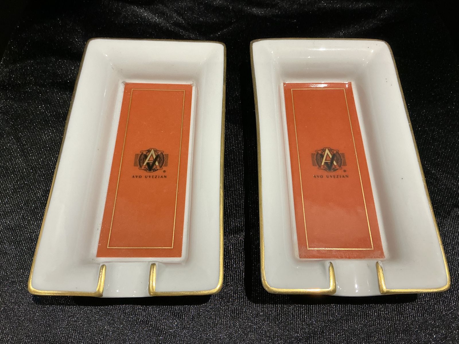Pair Of Avo Uvezian Limoges Porcelain Cigar Ashtrays – Burnt Orange, White & Gold, 1990s photo furniture