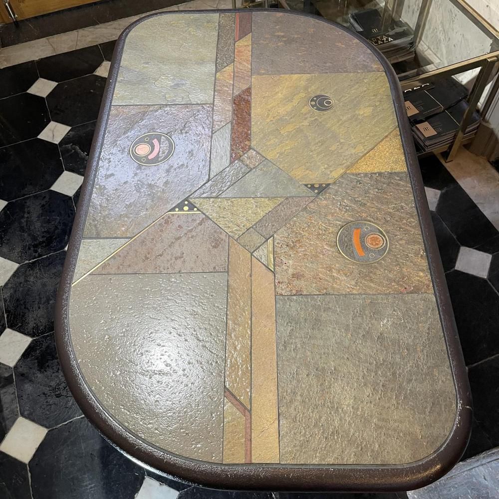 Brutalist Coffee Table In Stone, Copper & Brass By Paul Kingma, 1970s photo for sale