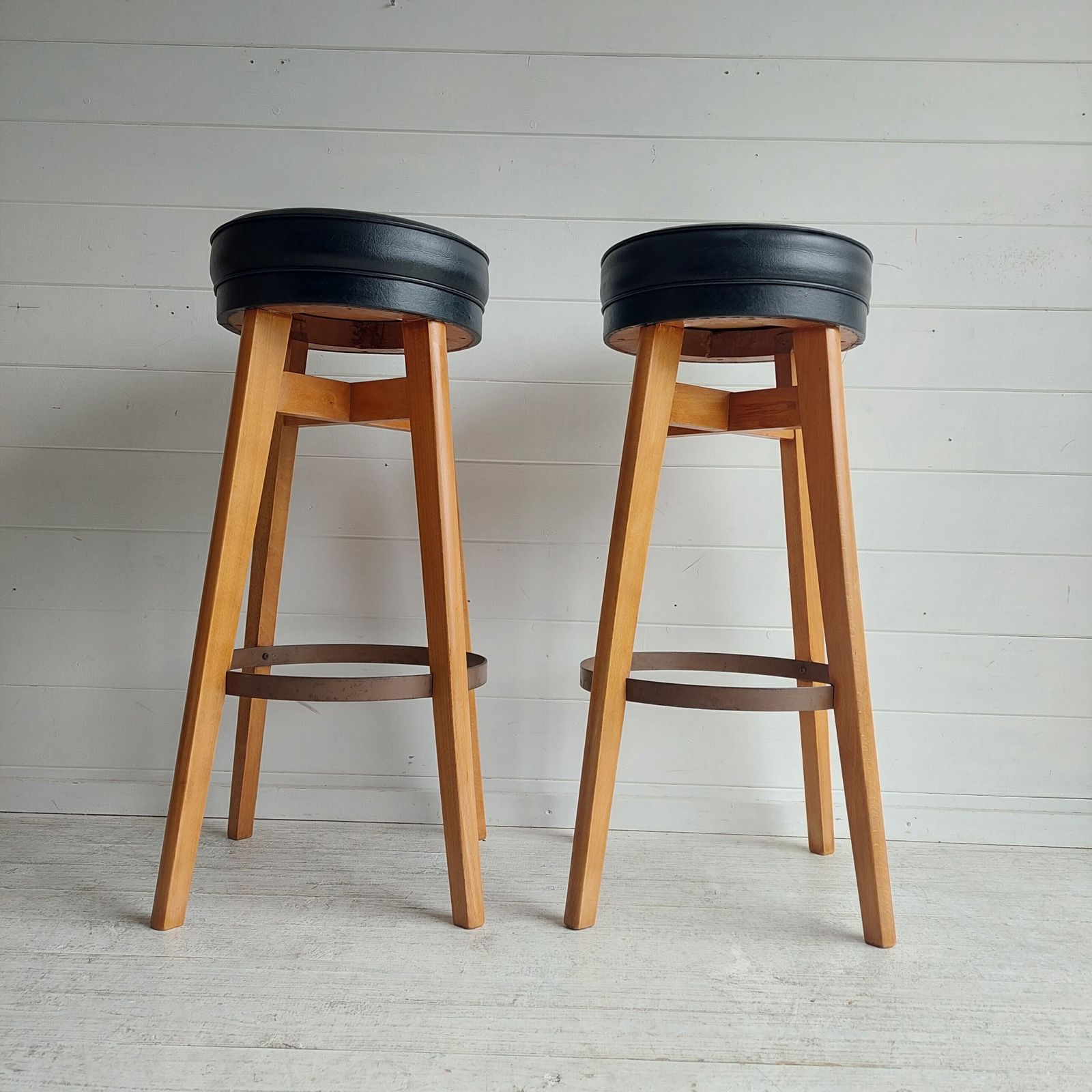 Mid Century Bar Stools Danish Style By Benchairs 70s Beech And Vinyl, Set Of 2 photo vintage
