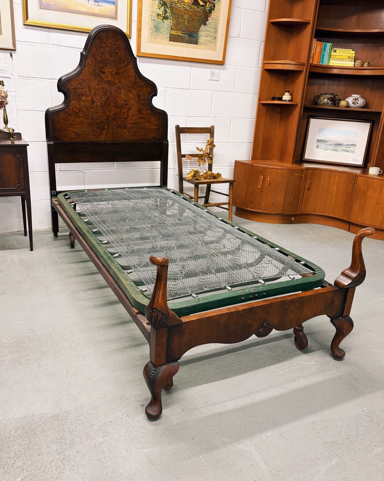 Art Deco English Burr Walnut Vono Bedstead Frame Queen Anne