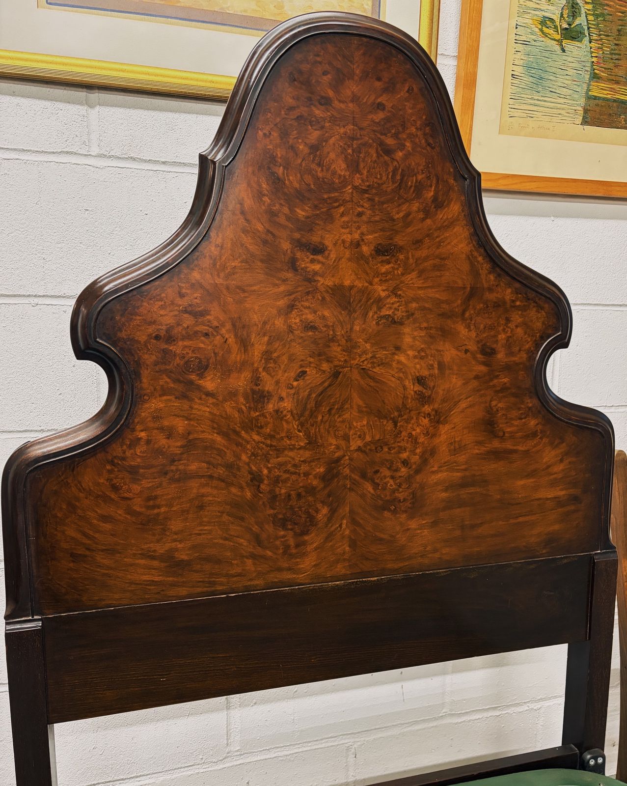 Art Deco English Burr Walnut Vono Bedstead Frame Queen Anne photo for sale
