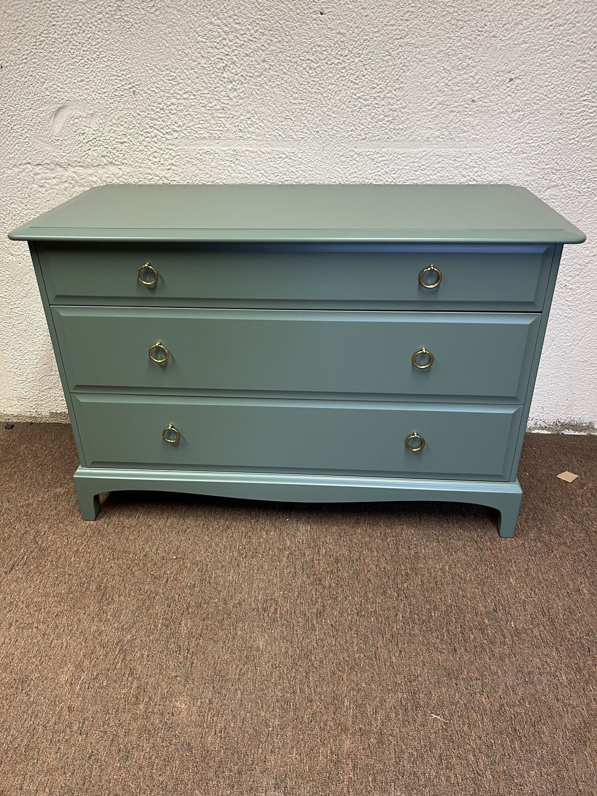 2 Stag Minstrel Chests Of Drawers. Professionally Spray Painted In Farrow & Ball Green Smoke. Like New Condition. Also More Bedroom Furniture Available photo furniture