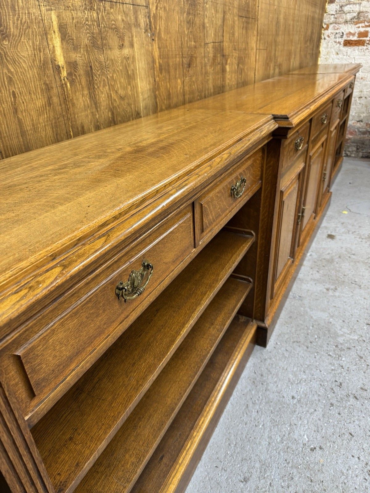 Victorian Solid Oak Breakfront Library Bookcase, Tv Stand, Sideboard Display photo for sale