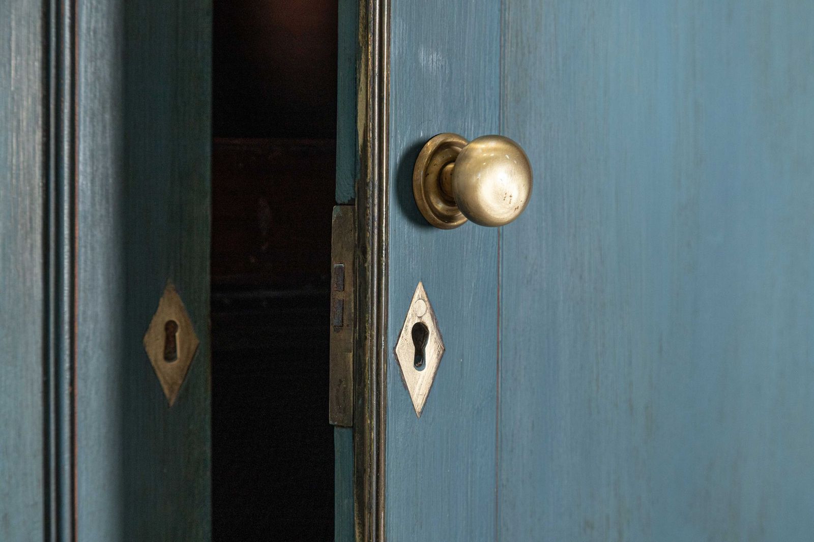 19thc English Mahogany Painted Linen Cabinet (Green/Blue) photo for sale