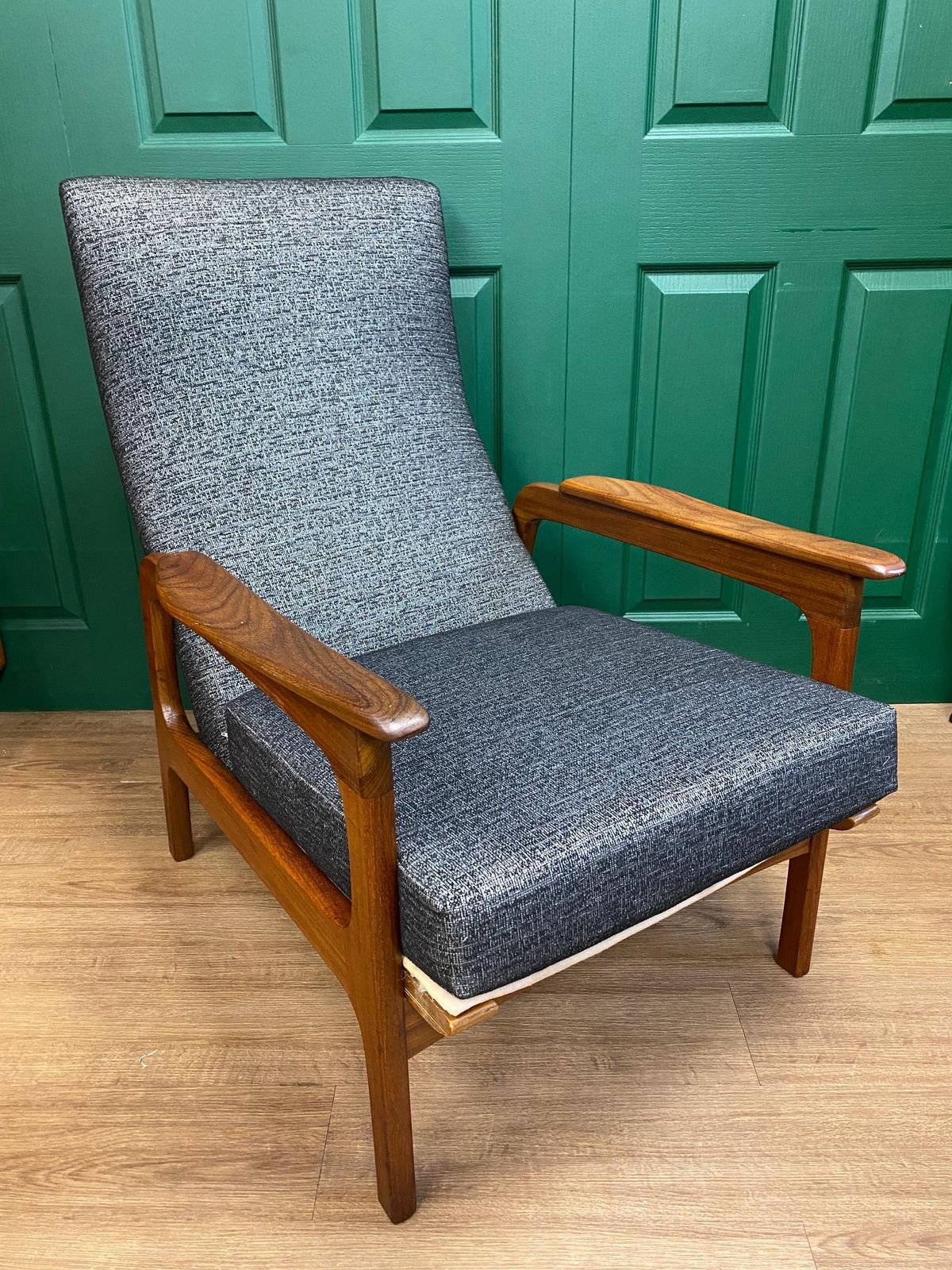 Refurbished Vintage 1960s Scandinavian Solid Teak Framed High Back Gentleman's Armchair In Grey