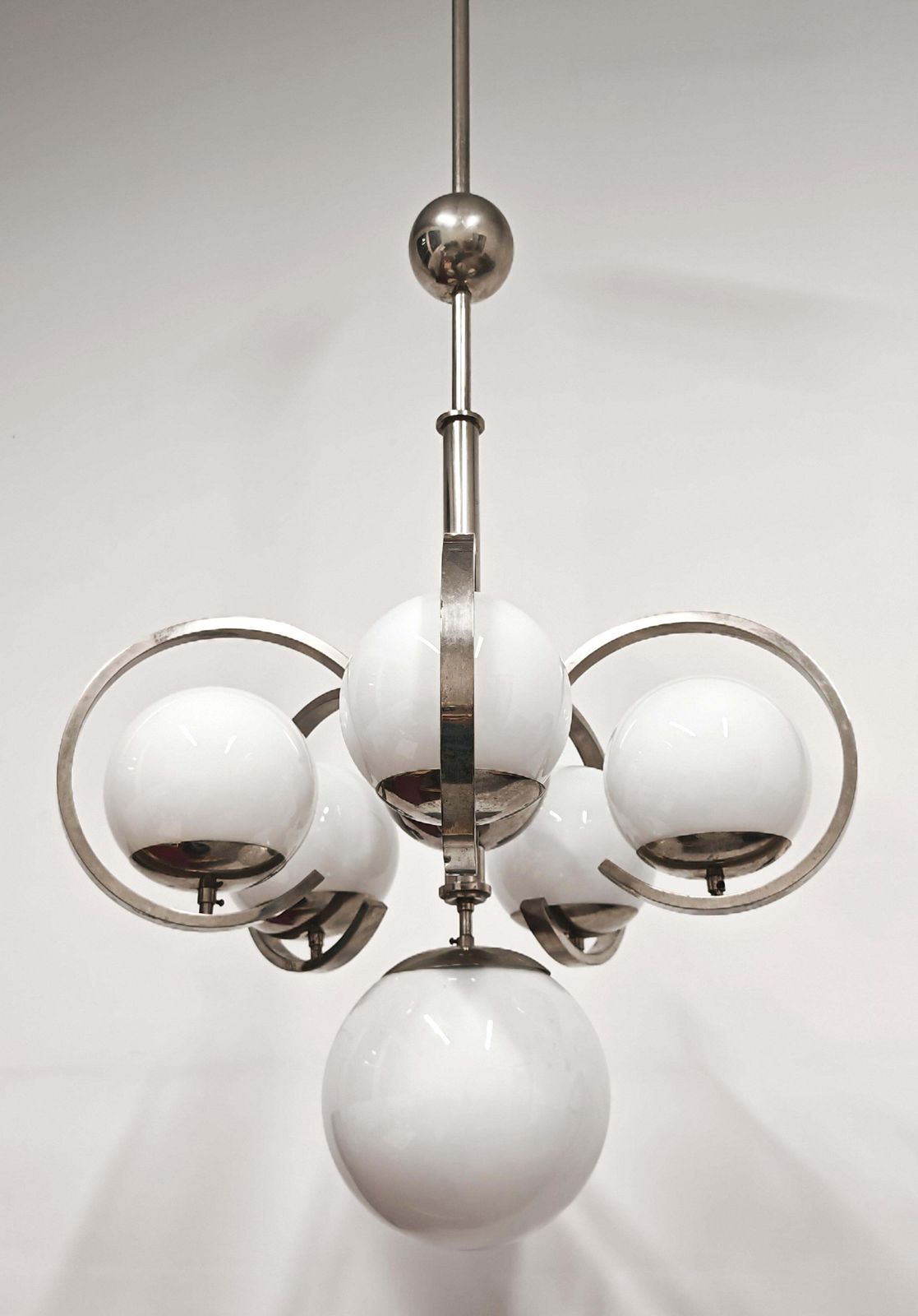 Xxl Bauhaus Salon Chandelier In Nickel Plated Brass And Milk Glass photo vintage