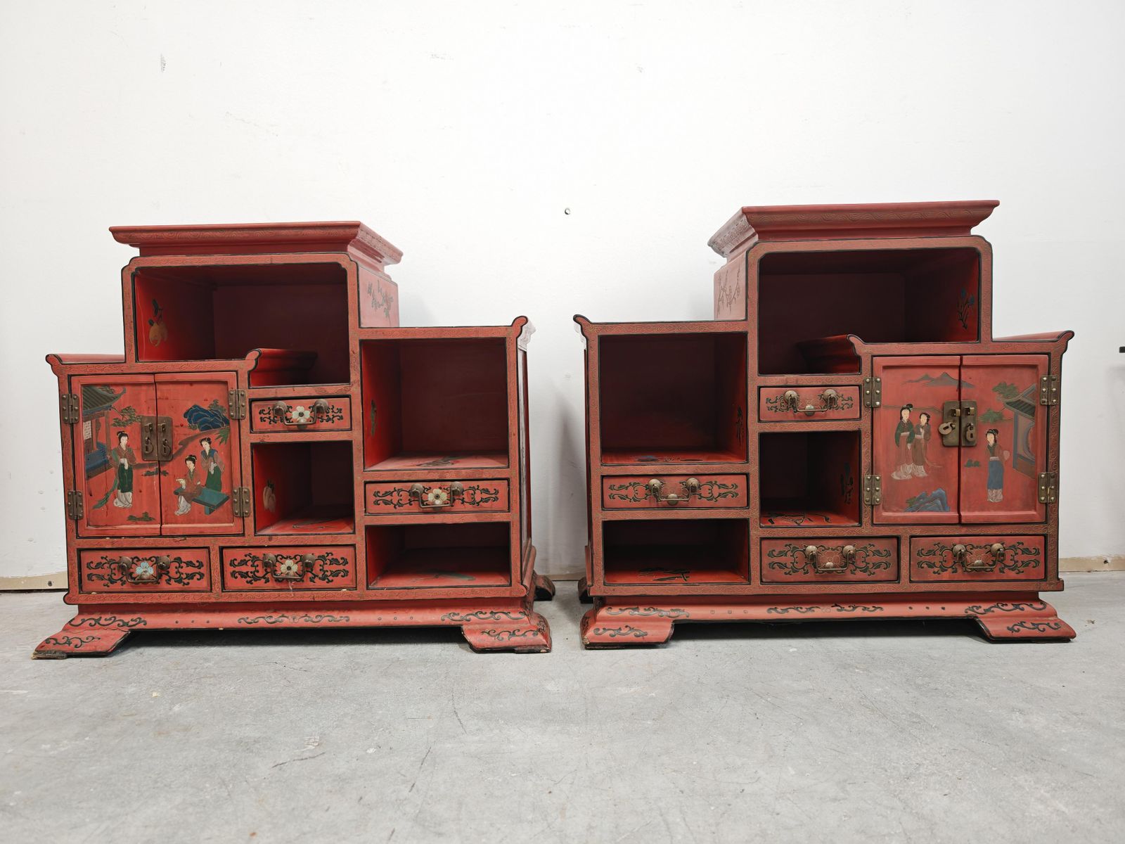 Antique Nightstands In Red Lacquer And Hand Painted Ornaments, China 1800s photo for sale