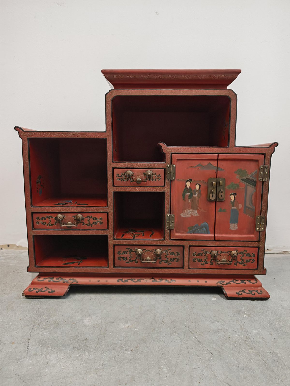 Antique Nightstands In Red Lacquer And Hand Painted Ornaments, China 1800s photo Furniture