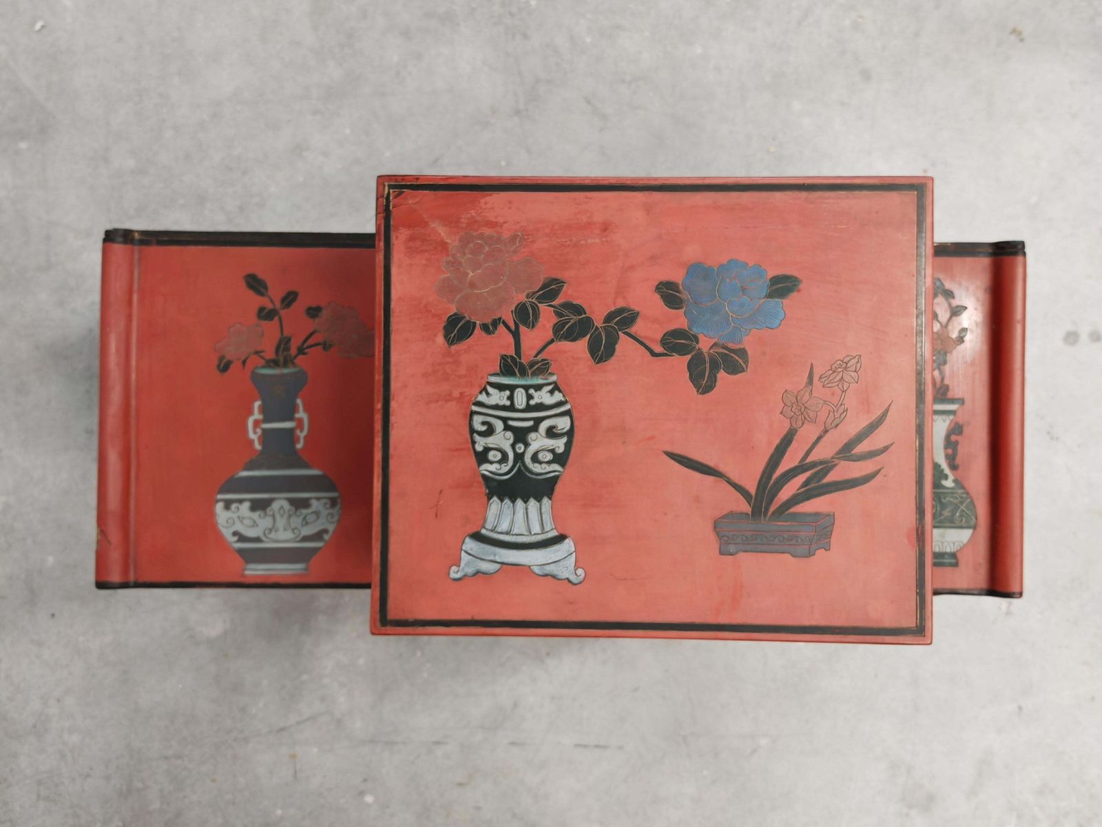 photo for sale Antique Nightstands In Red Lacquer And Hand Painted Ornaments, China 1800s
