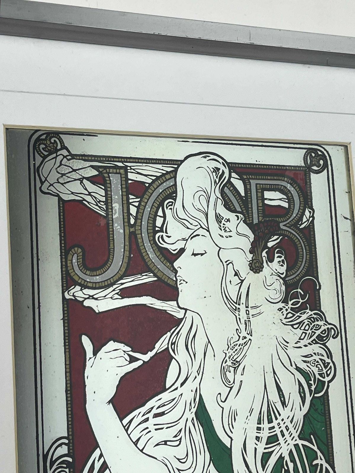Beautiful Vintage Art Nouveau Mirror, Job Cigarette, Mucha Wall Art, French Advertising Picture photo vintage