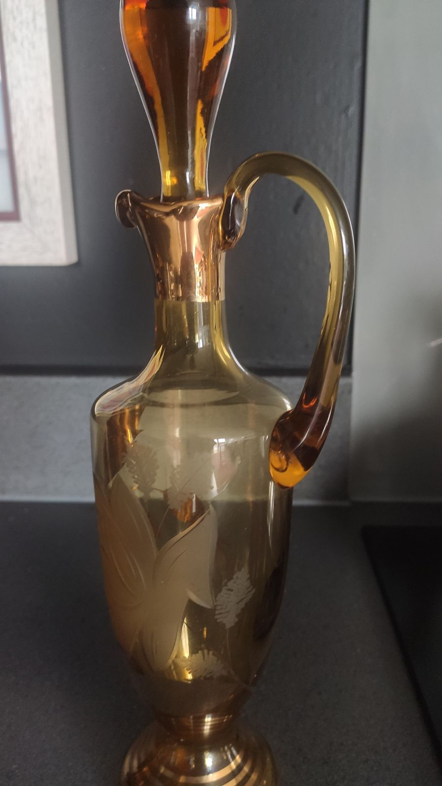 Bohemian Amber Glass Decanter With Hand Etched Décor And Hand Gold Finish photo furniture