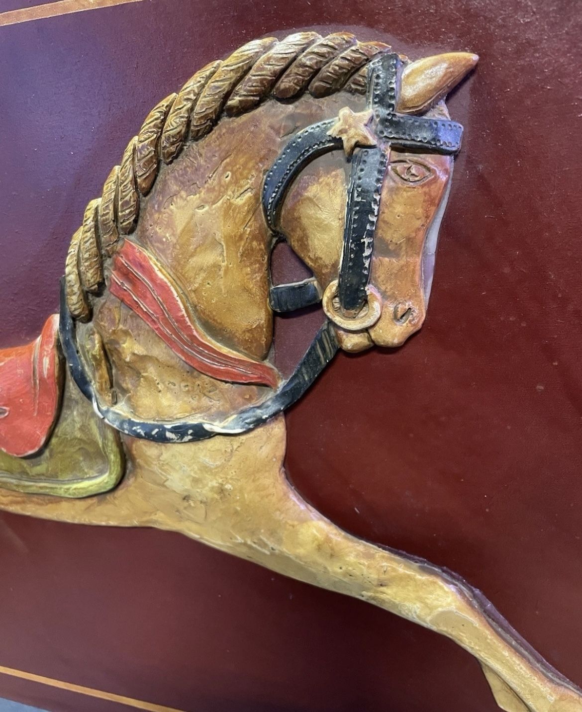 Vintage Hand Carved Carousel Horse Children’s Headboard – Painted Wood, C. Mid 20th Century photo Furniture