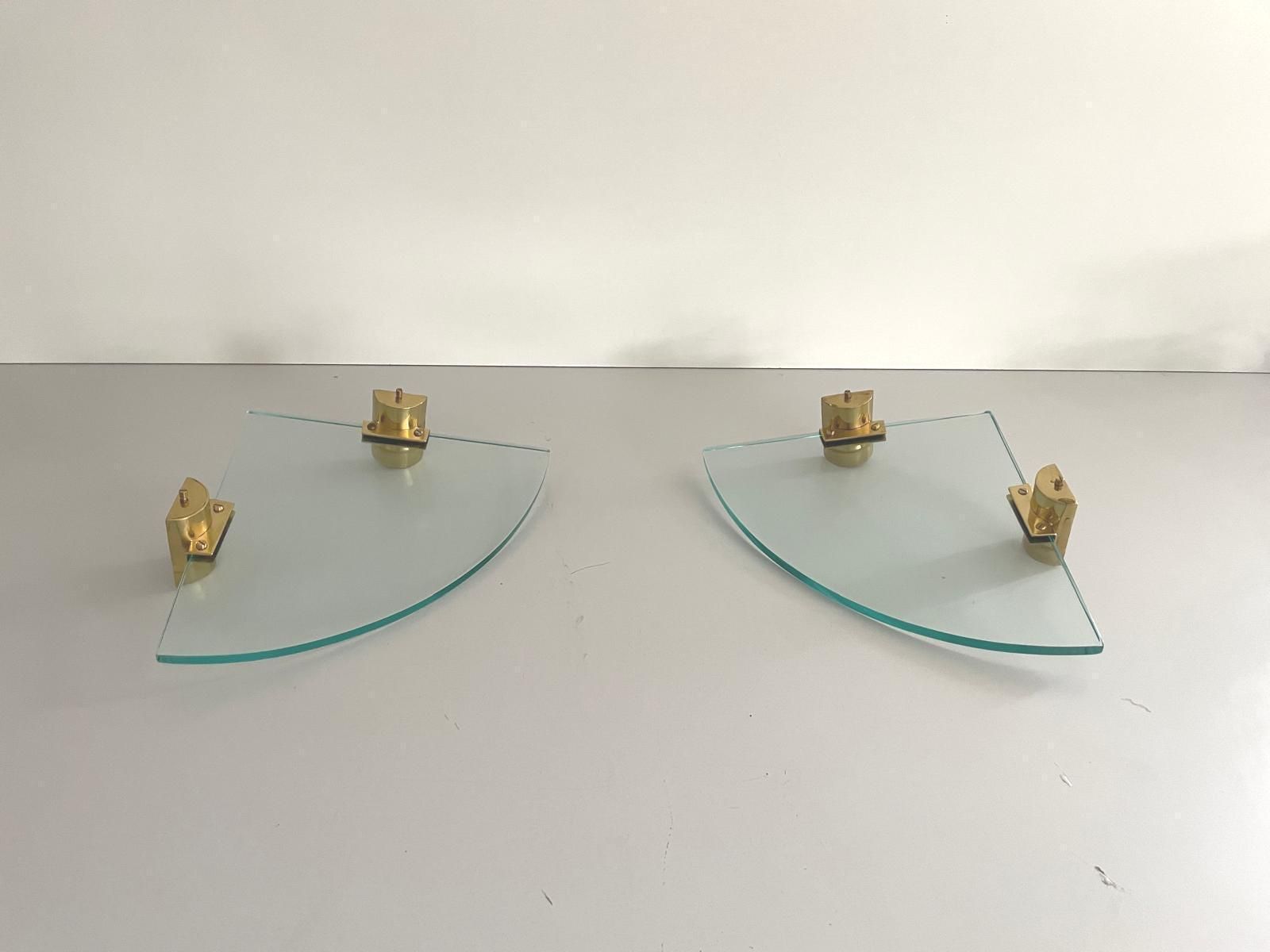 Mid Century Italian Thick Glass And Brass Pair Of Floating Corner Wall Shelfs, 1960s, Italy photo furniture