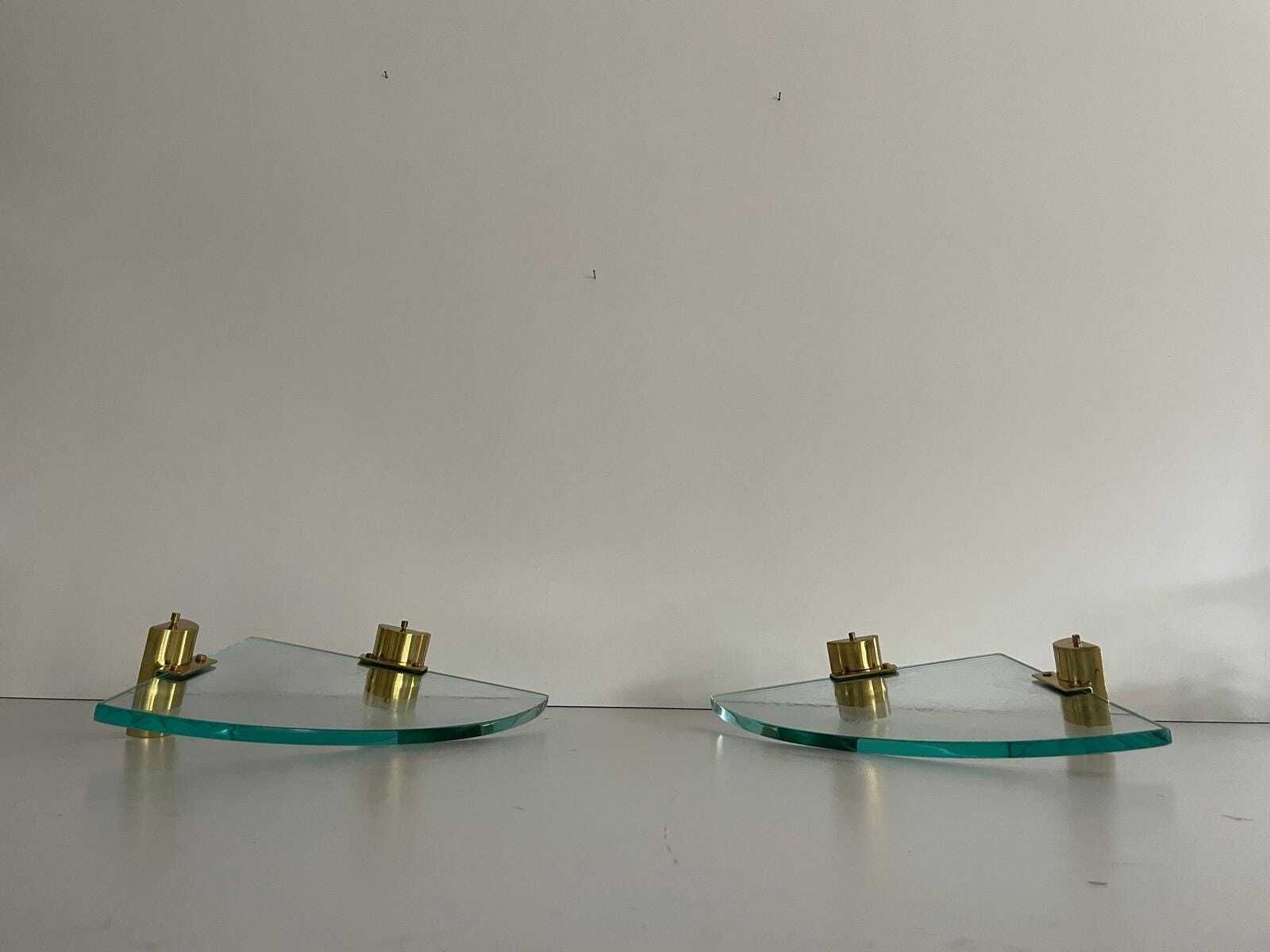 photo buy Mid Century Italian Thick Glass And Brass Pair Of Floating Corner Wall Shelfs, 1960s, Italy
