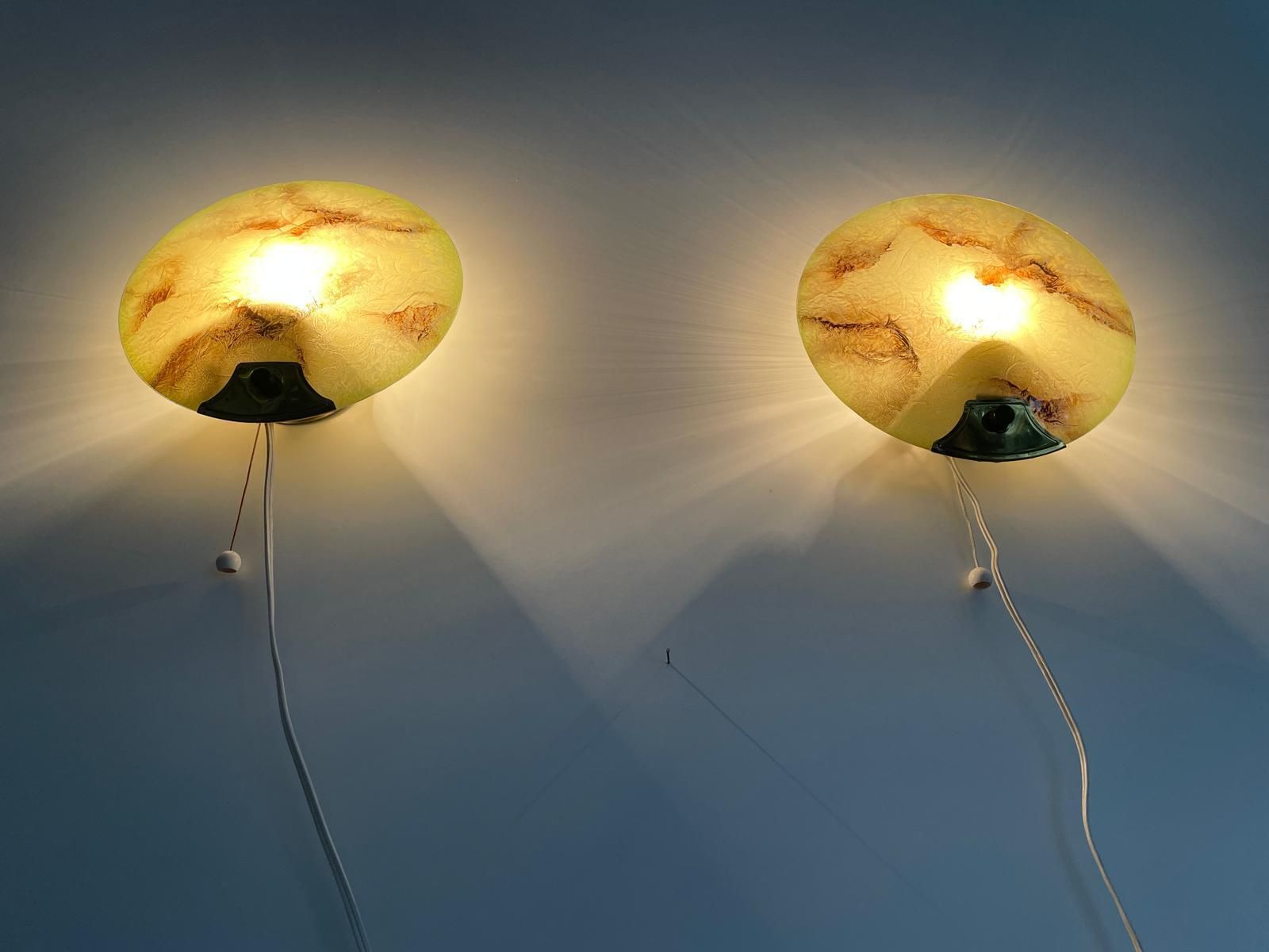 photo furniture Mid Century Round Green Glass & Brass Pair Of Sconces, 1950s, Germany