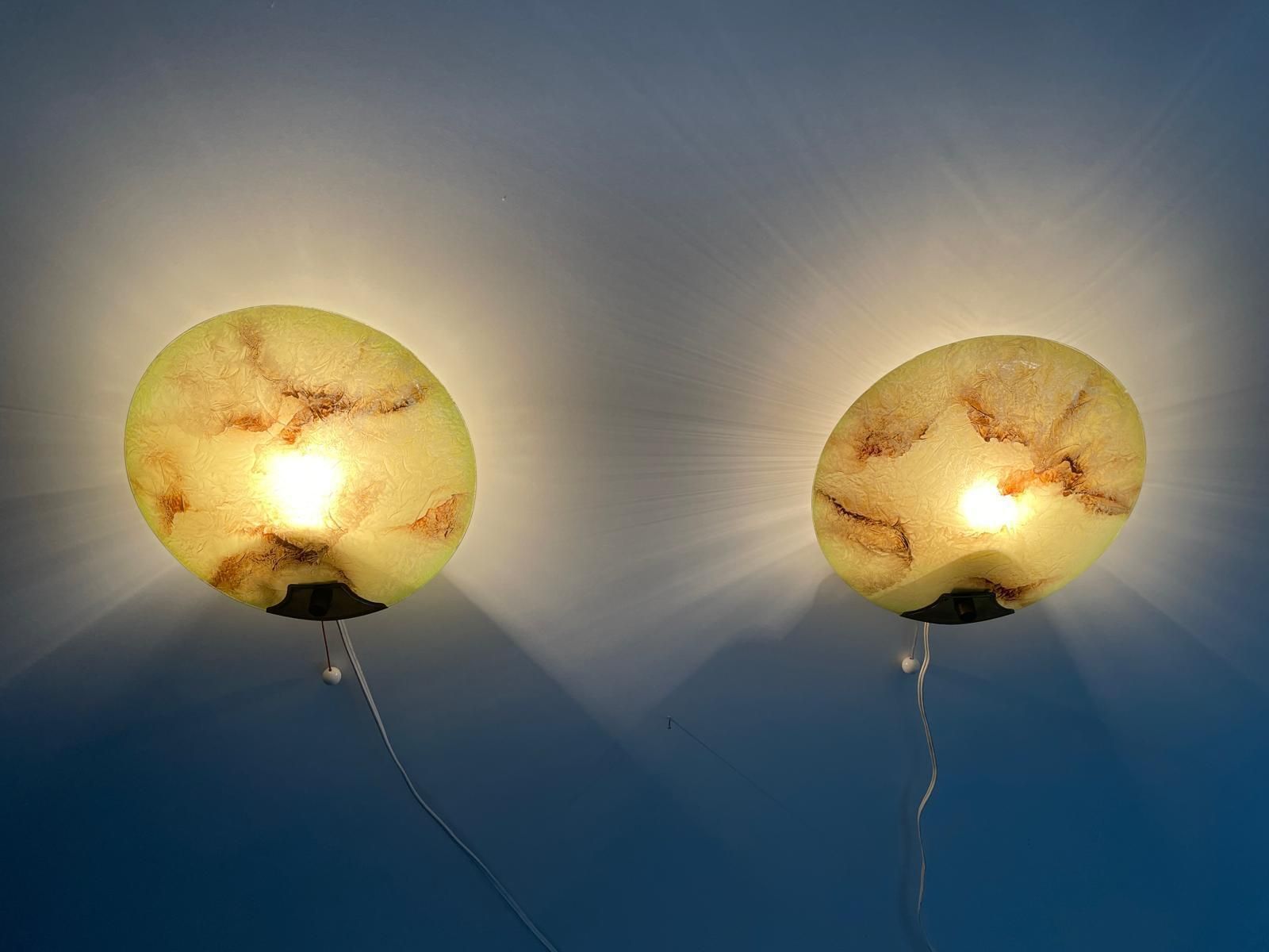 Lighting Mid Century Round Green Glass & Brass Pair Of Sconces, 1950s, Germany photo