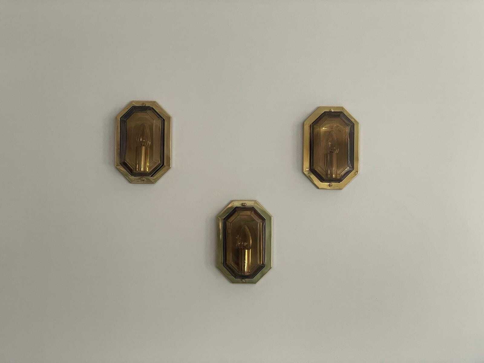 Smoke Glass & Brass Set Of 3 Sconces By Limburg, 1960s, Germany photo for sale
