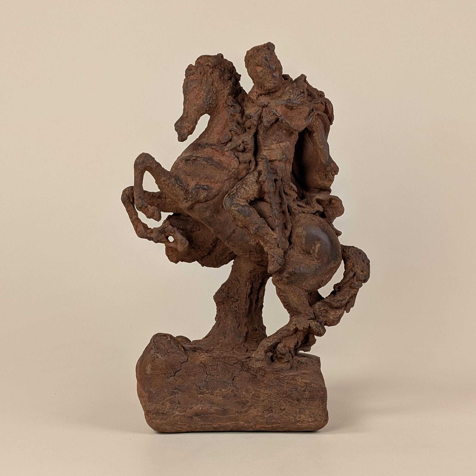 Antique French Terracotta Equestrian Warrior Sculpture: Rearing Horse Clay Statue Baroque Style photo vintage