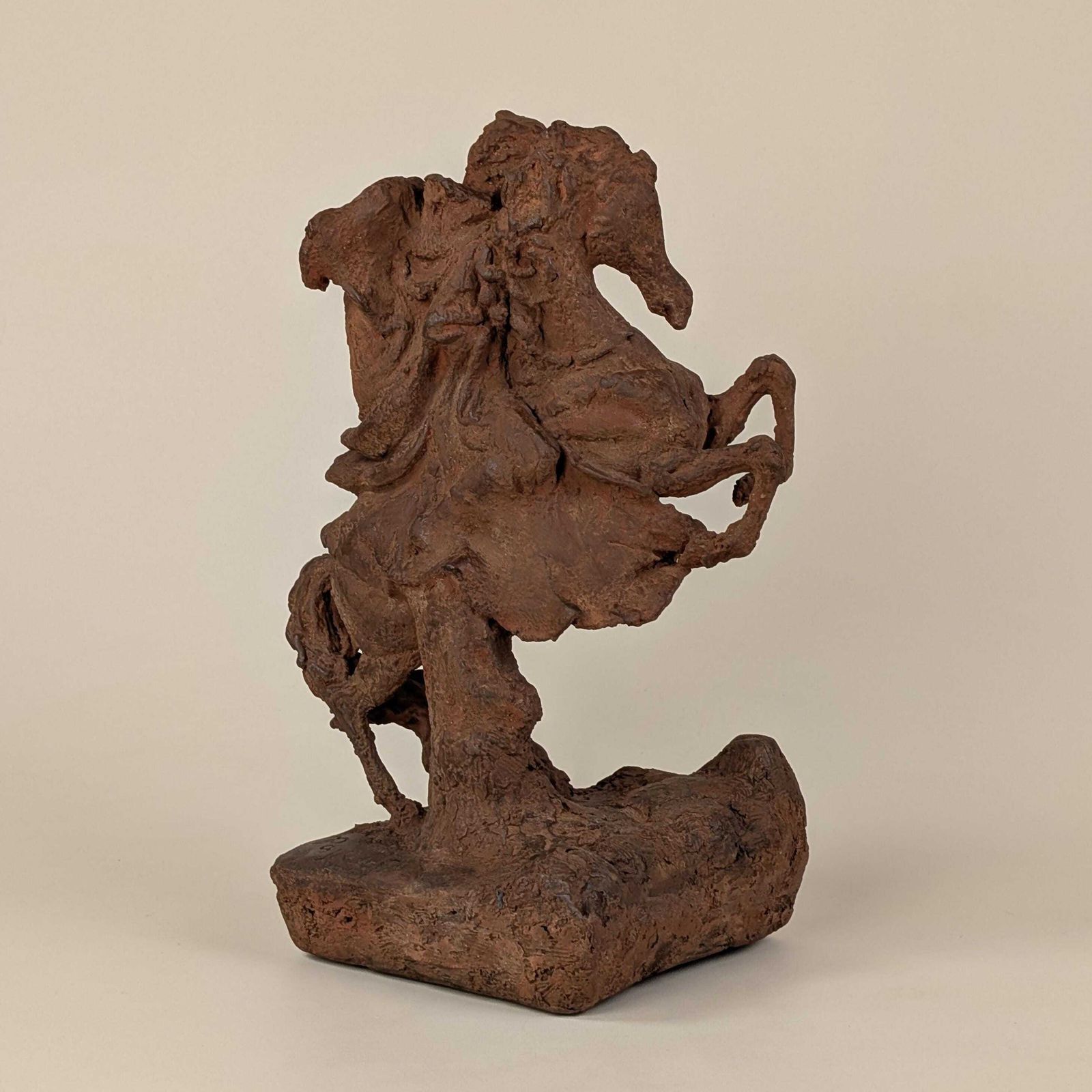 photo furniture Antique French Terracotta Equestrian Warrior Sculpture: Rearing Horse Clay Statue Baroque Style