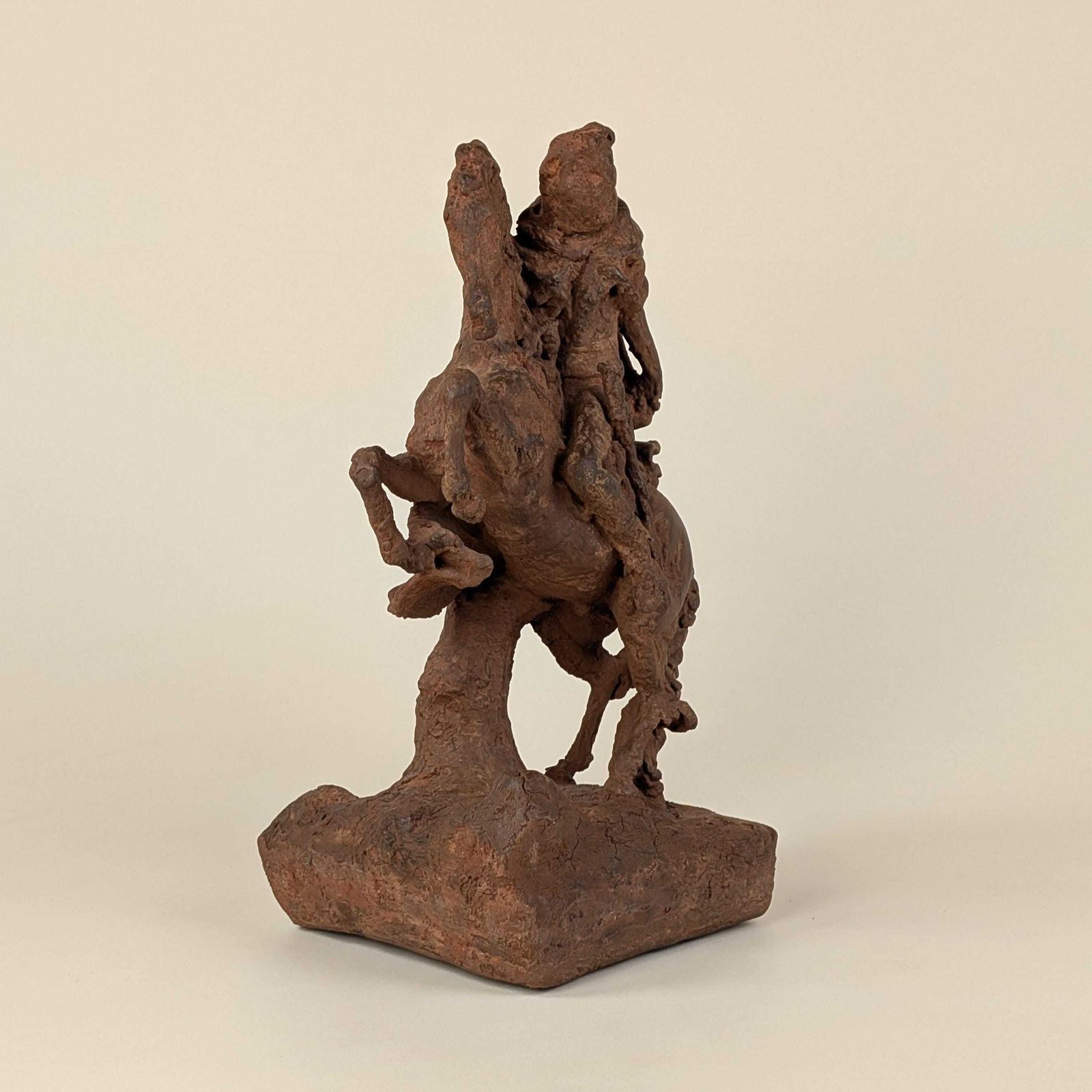 Art Antique French Terracotta Equestrian Warrior Sculpture: Rearing Horse Clay Statue Baroque Style photo