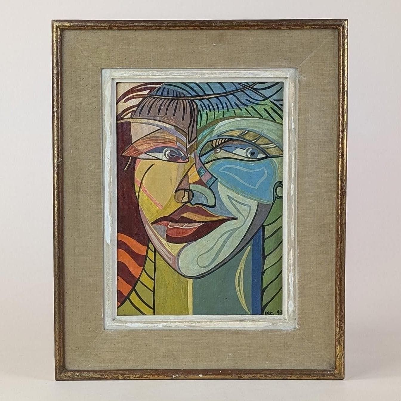 1990s French Oil On Canvas Cubist Portrait Painting: Signed Abstract Modernist Face Art