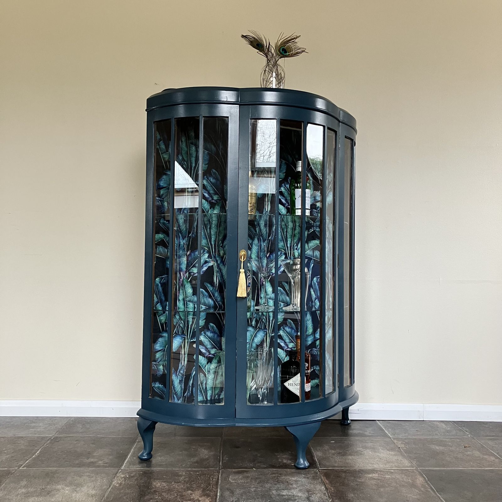 645.0 Antique Painted Glass Gin Display Cabinet: Farrow And Ball Hague Blue, Paradise Velvet Interior photo