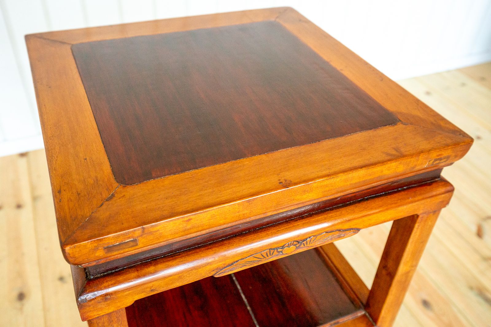 Chinese Tiered Lamp Side Table Antique Qing Dynasty Fretwork Two Tone Blonde Red Scholars Tea Tabl.E 1890 Geometric Blood Ju Yumu Jumu Elm Jiangsu photo Furniture