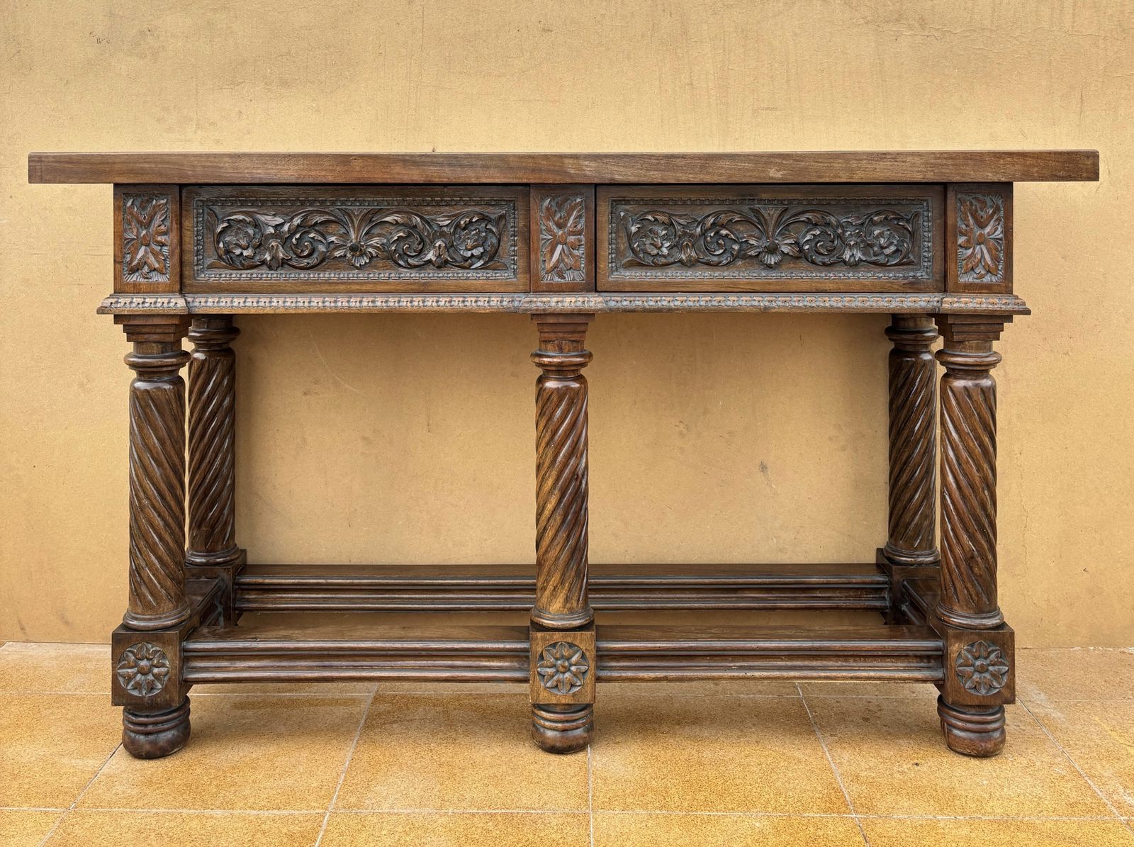 Spanish Neo Renaissance Carved Walnut Console Table, 19th Century photo for sale