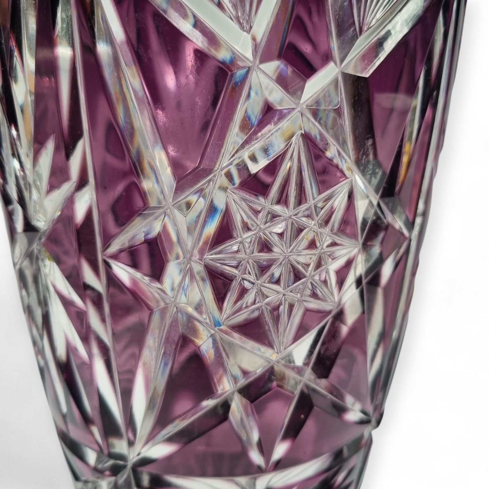 Vintage Bohemian Vase Amethyst Cut Crystal Glass Vase Stars And Webs 50's photo for sale