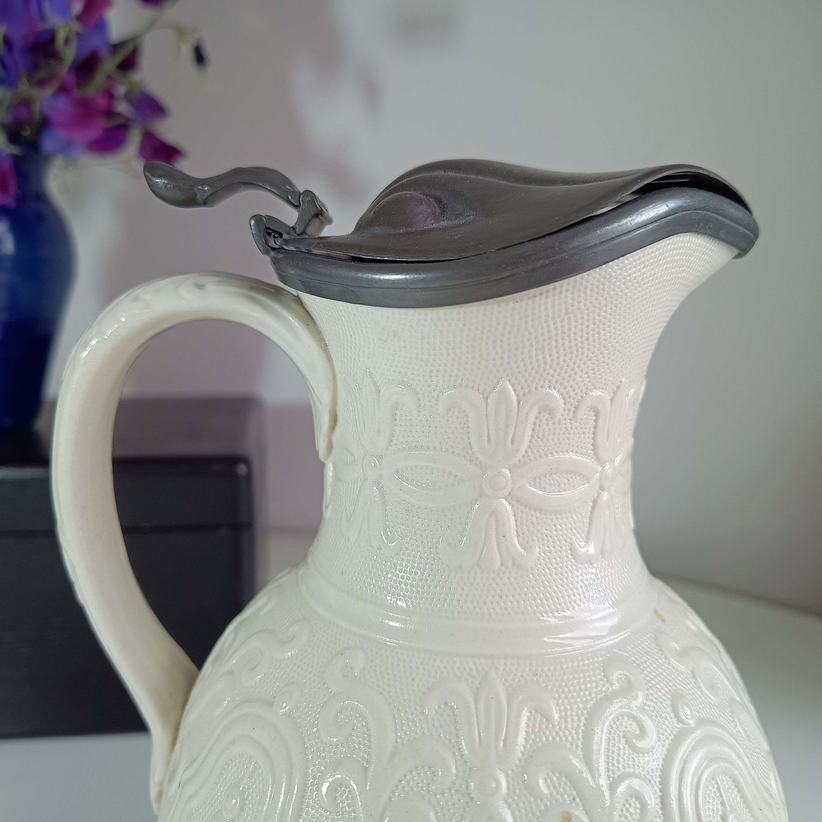 photo for sale Victorian Staffordshire “Tyrol” Relief‑Moulded Jug, Brownfield Stoneware, J. Dixon Pewter Lid