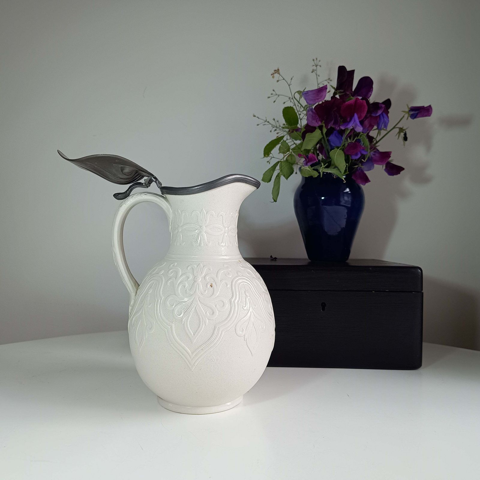 125.0 Victorian Staffordshire “Tyrol” Relief‑Moulded Jug, Brownfield Stoneware, J. Dixon Pewter Lid photo