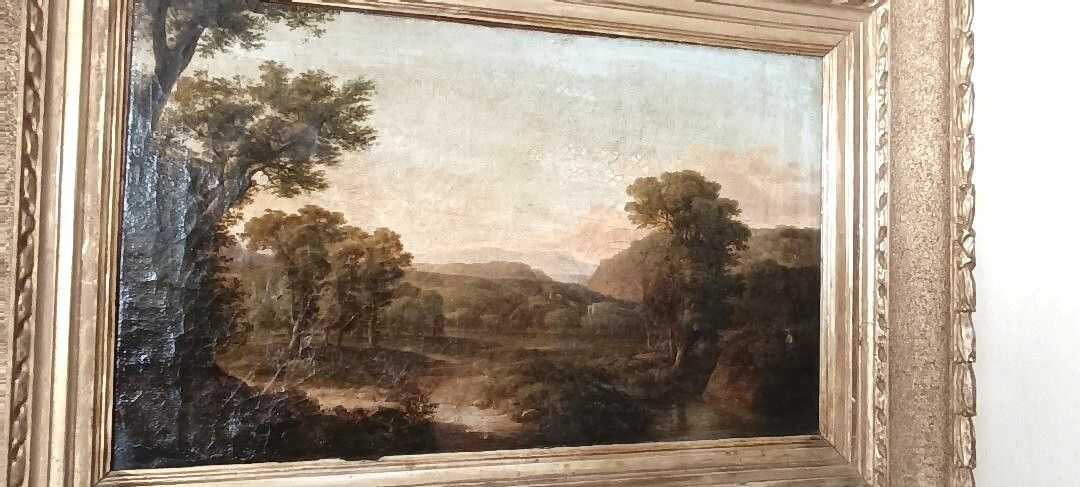 Art Ntique Painting On Canvas Depicting A Bucolic Landscape photo