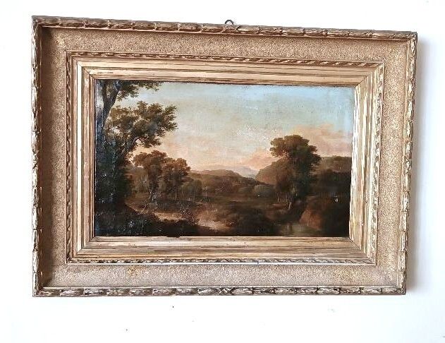 843.0 Ntique Painting On Canvas Depicting A Bucolic Landscape photo