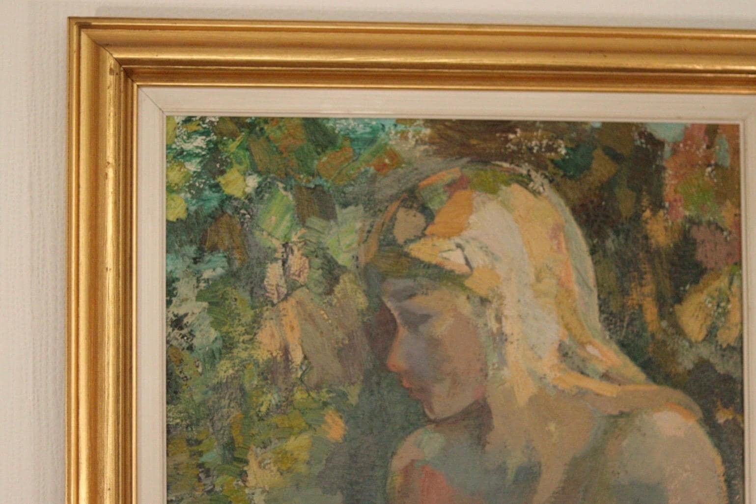 Original Danish Oil On Canvas – “Seated Woman” By Bernhard Petersen (1911–1988) – Signed & Framed – 94 × 59 Cm (37.0" × 23.2") photo vintage