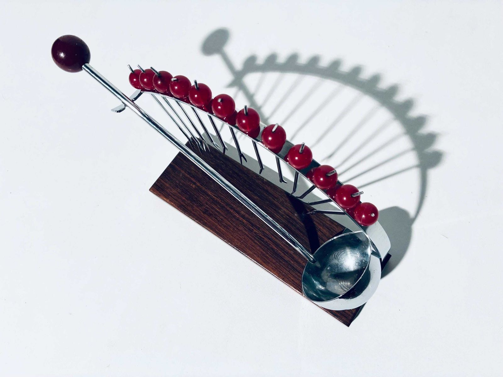 167.0 Art Deco French Cherry Design Ebony Wood Punch Bowl Cocktail 12 Forks Holder Set With Spoon photo