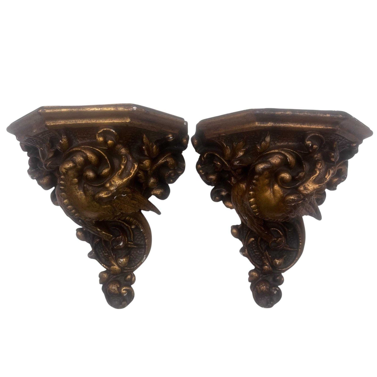 Antique Gilt Plaster Dragon Plinth Bracket Mythical Beast Floral Decoration Home Decor Country House Decor photo vintage